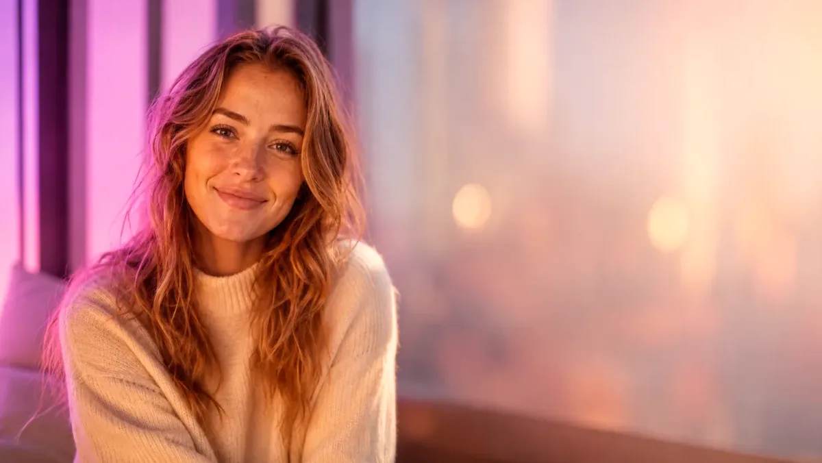 Woman in a cream sweater by a window lit pink