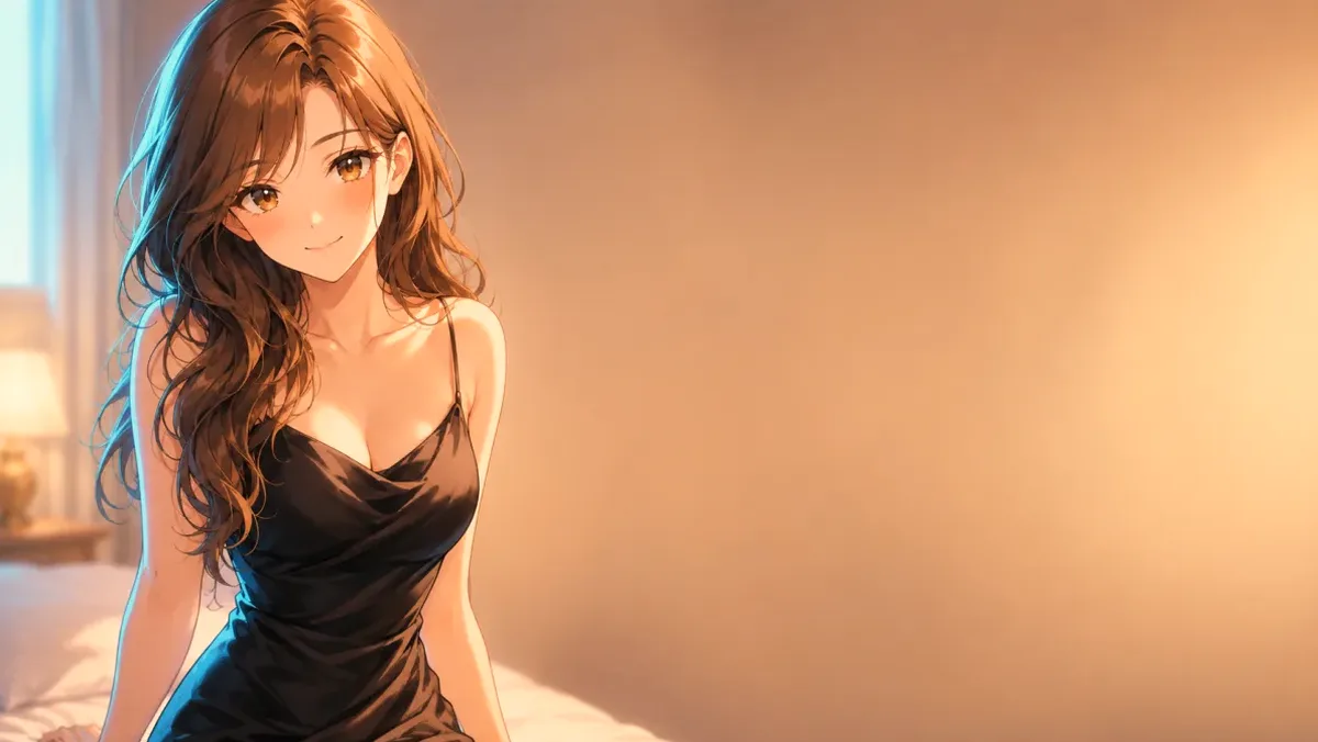 Anime character in a black dress on a bed, warm lamp light