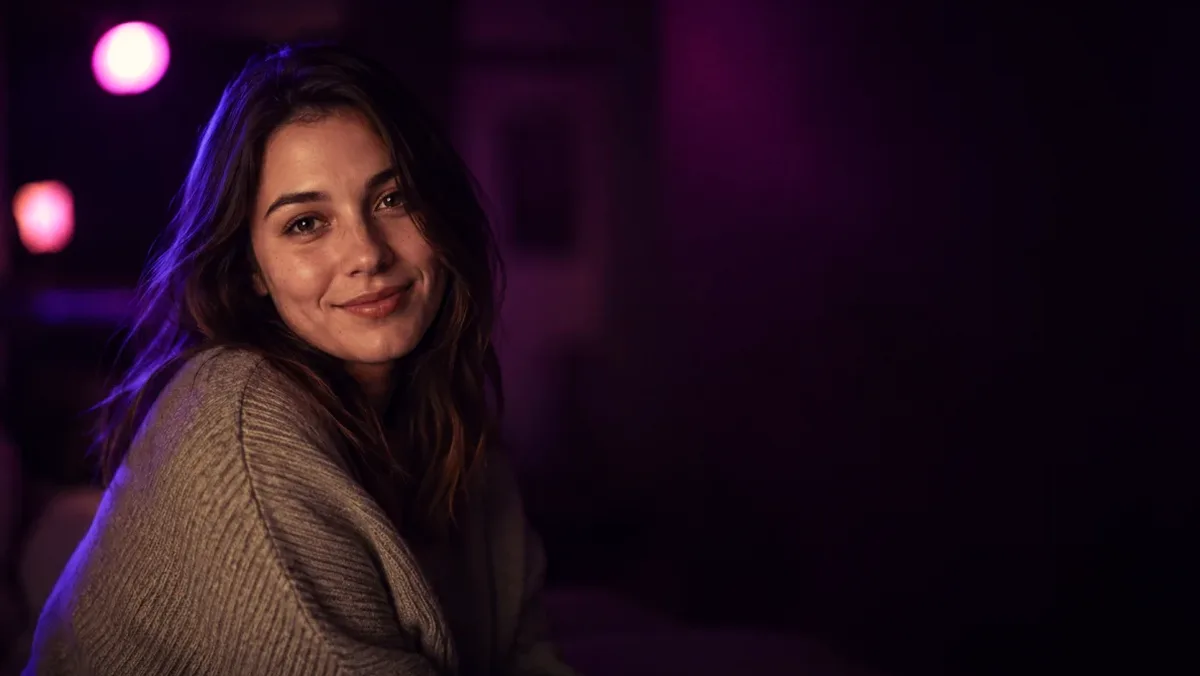 Woman in a grey sweater in a dark room lit purple